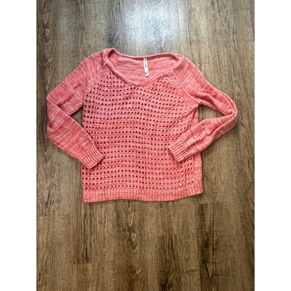 Aeropostale Coral Pink Open Knit V-Neck Sweater Size S Cotton Boho Pullover